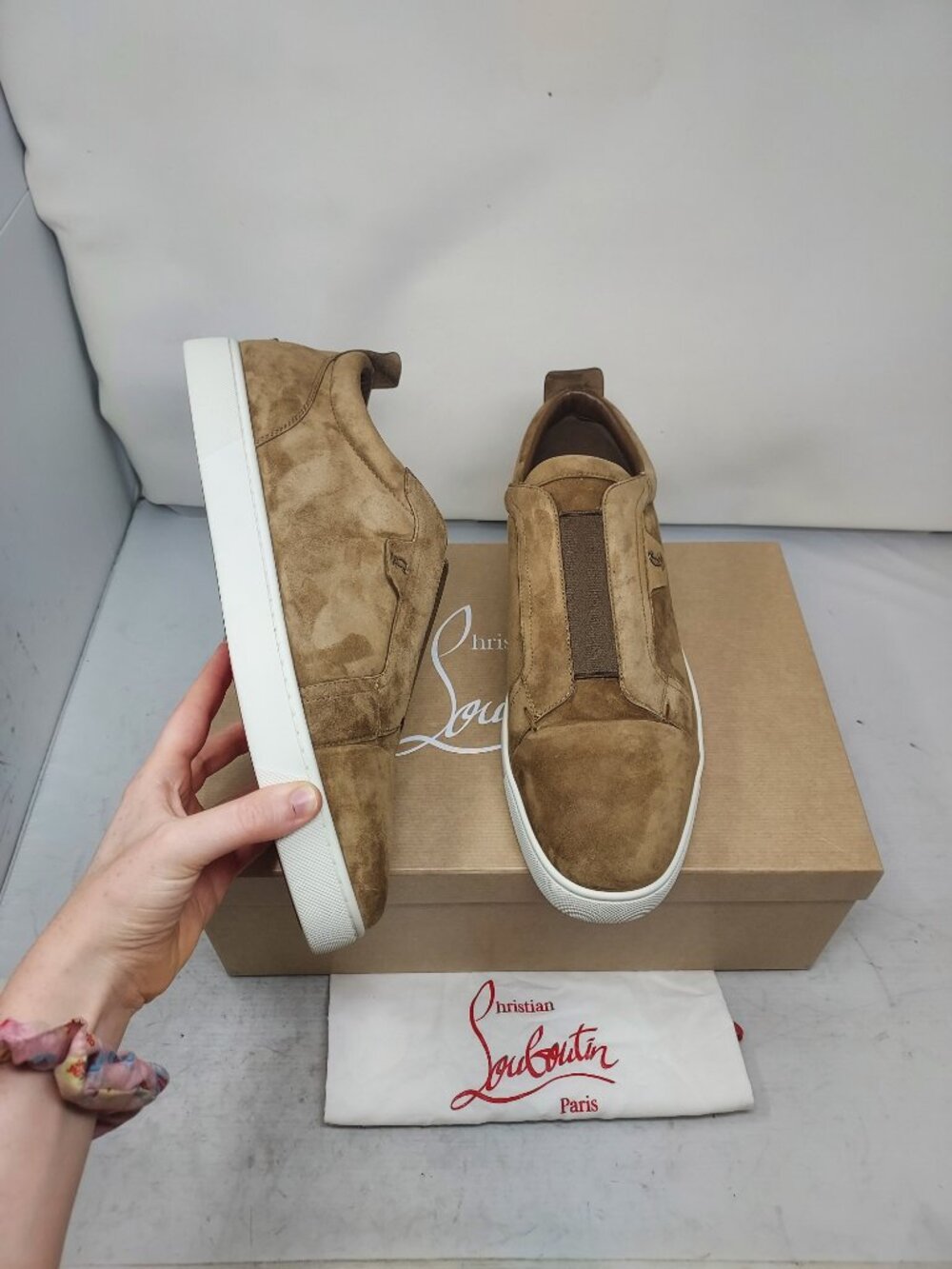 Christian Louboutin MENS Brown St Louis Suede Slip-On Sneaker
